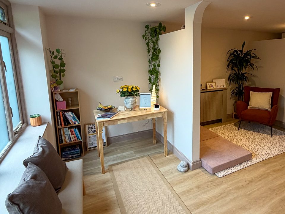the lumina reception area, with a desk, books and an armchair